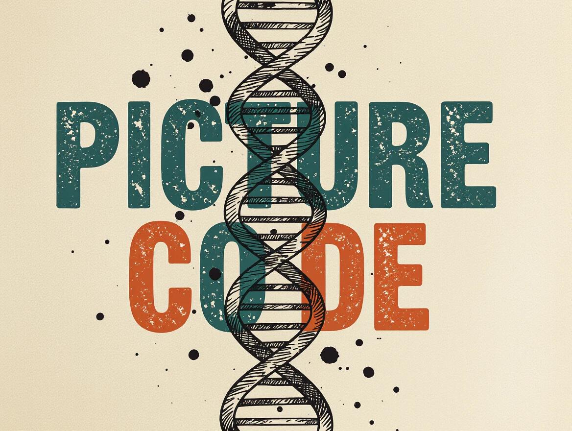 Grunge-style logo for Picture Code features a DNA helix overlaying a textured background. Text looks stamped with ink splatters in muted teal and rust orange on a parchment-like background. Artistic and tactile feel.