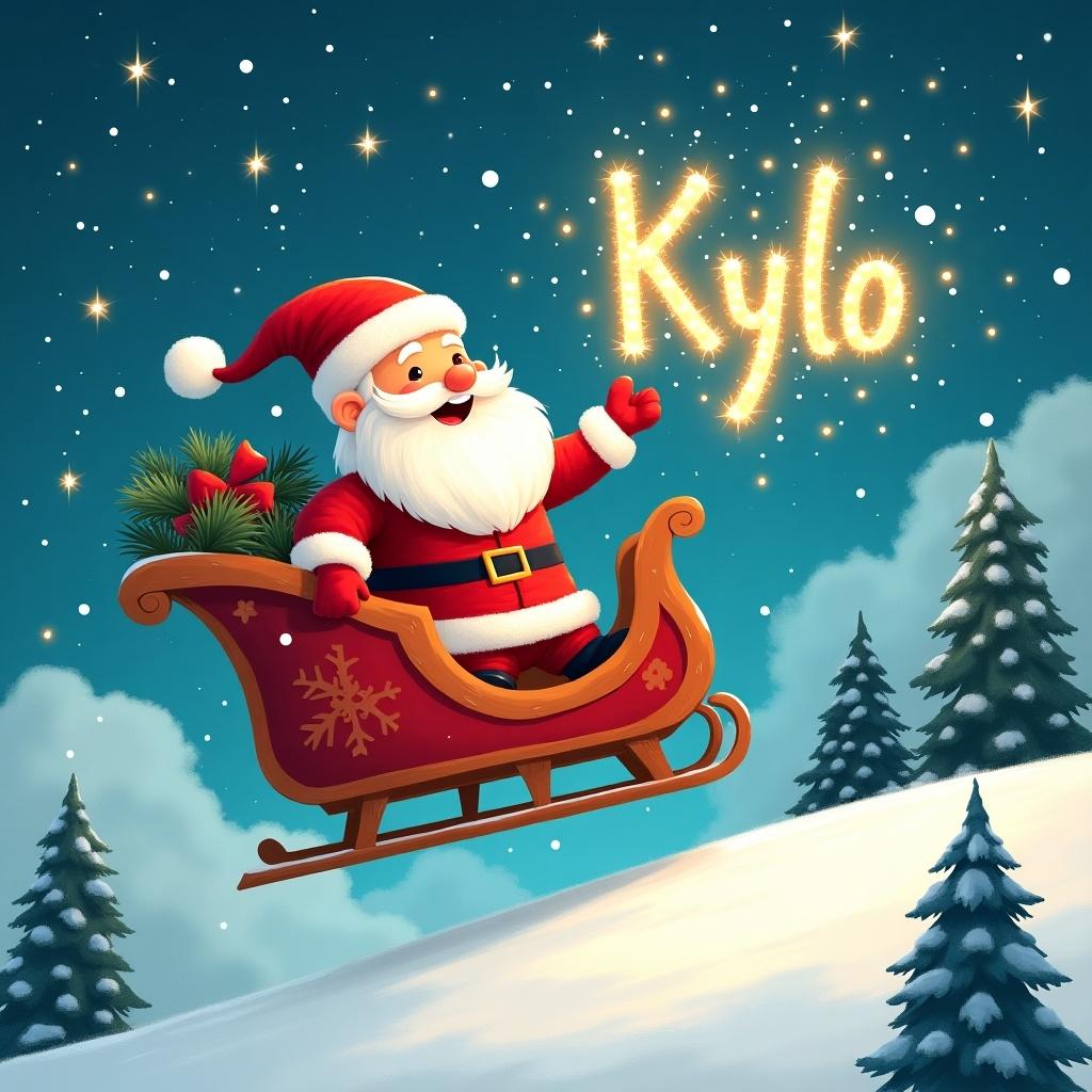 Santa Claus rides in his sleigh through a snowy landscape. Sky filled with twinkling stars. Santa magically writes name 'Kylo' in sparkling letters. Surrounded by fluffy white clouds and tall evergreen trees. Atmosphere conveys joy and festive cheer.