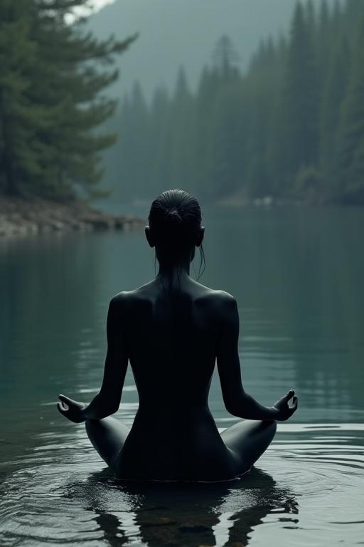 Woman sitting in meditation on the edge of a tranquil lake. Soft lighting creates a serene atmosphere. Her silhouette absorbs light. Natural surroundings enhance the peacefulness.