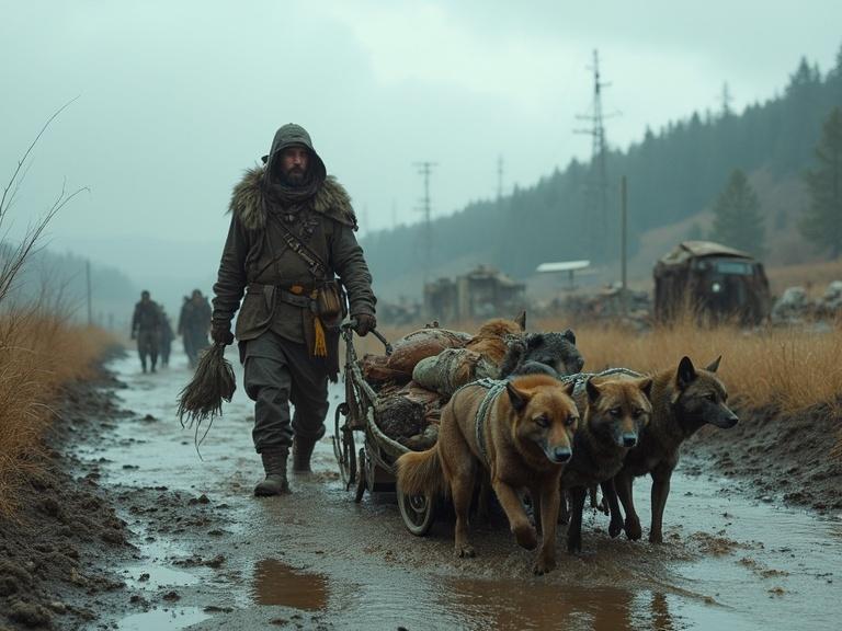 A gritty scene from the Bronze Age in a post-apocalyptic setting. A survivor transports supplies on uneven terrain with a sled powered by mixed-breed dogs. The sled features scavenged materials. Survivors are adorned in primitive leather and bronze, contrasted with remnants of civilization in the backdrop. The sky appears cloudy with a heavy atmosphere, emphasizing survival in harsh conditions.