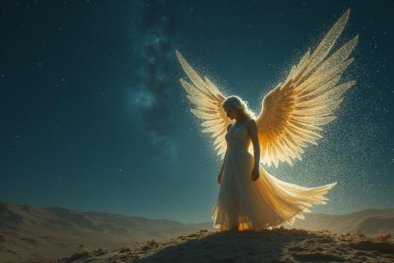 An angel appears fragmented made of thousands of floating mirrors each reflecting a last glance of someone who died. It walks through a starry desert with lunar dust dunes. Dead comets cross the sky behind. An hourglass drips light from its chest.