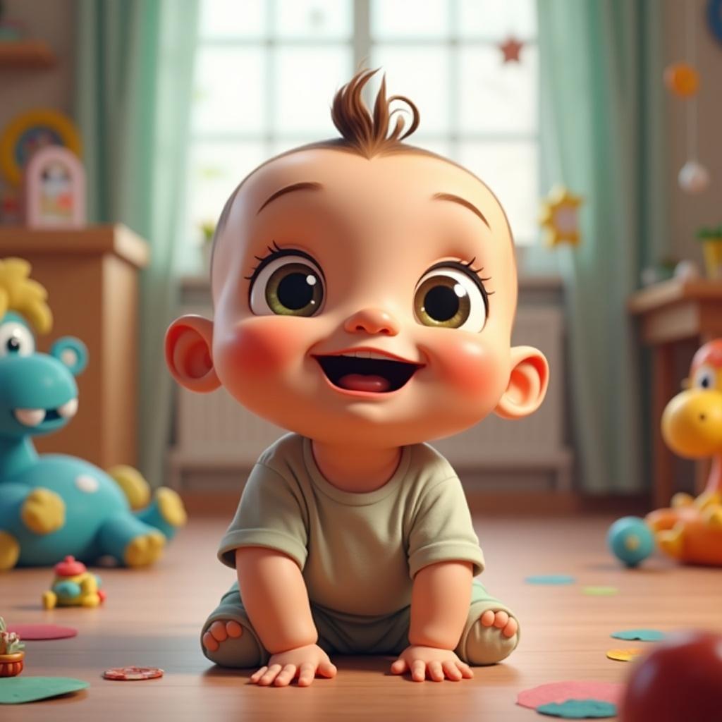 A cute cartoon baby is sitting on a wooden floor in a room filled with colorful toys. The baby has big, bright eyes and a joyful smile that lights up the room. It is surrounded by playful elements like soft toys and colorful shapes scattered on the floor. The lighting is soft and inviting, creating a cheerful atmosphere. The baby is dressed in a comfortable, light outfit, enhancing the playful theme of the scene. This image embodies innocence and joy, making it perfect for a variety of applications.