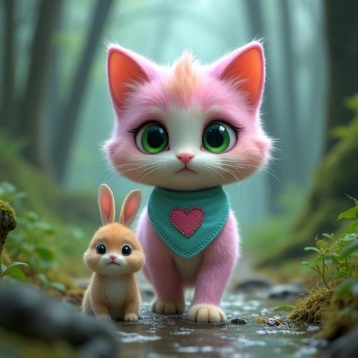 Fluffy anthropomorphic kitten leads baby rabbit through dense forest. Kitten has pastel pink and lavender fur, creamy white belly, green eyes, oversized head, perky ears, and light blue bandana with stitched pink heart. Baby rabbit relies on kitten for safety. The atmosphere is tense with a storm and rising water.