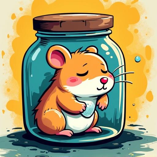 A cartoon hamster is inside a jar with closed eyes. Hamster has a snot bubble. Background features paint splatters with high saturation shades of cyan, magenta, yellow, and black. Lines are bold and design is highly stylized.