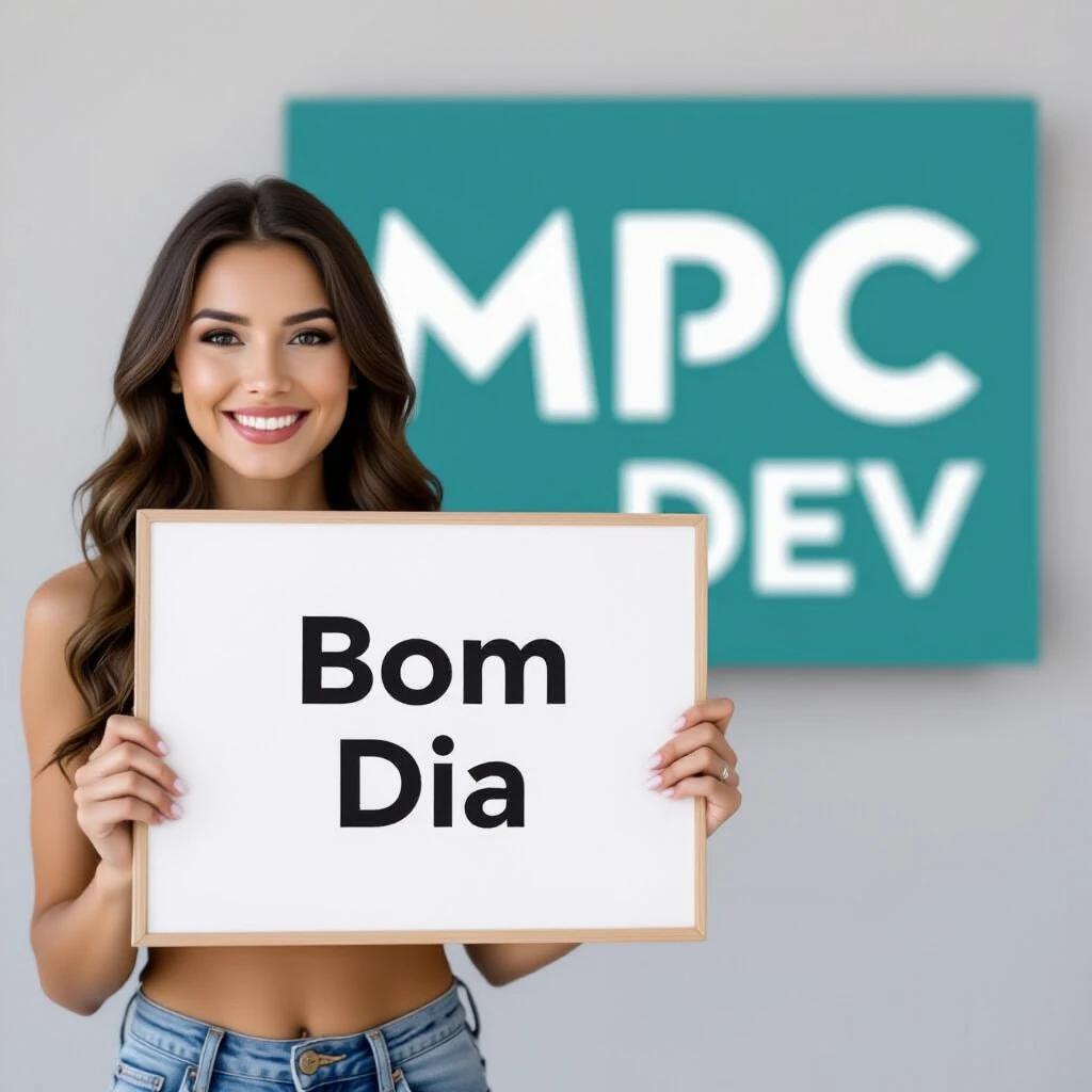 A woman holding a sign saying 'Bom Dia'. A modern logo behind her with the text 'MPC DeV'. The scene has a bright and inviting atmosphere.