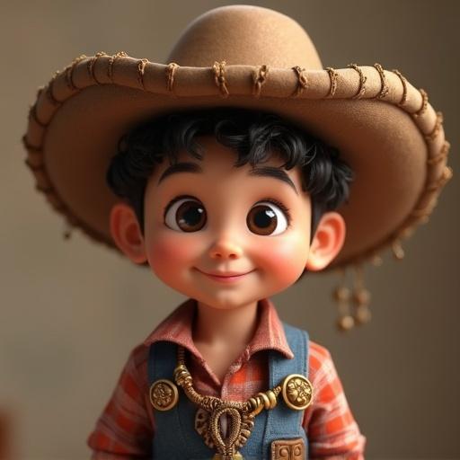 Create a child character with a hat and tie in a video game style. The character should have curly hair and an expressive smile. The outfit should be colorful with western elements.