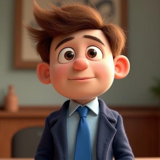 Create a character design featuring Roy, a blocky animated character made of soft textures in light peach tone. Roy has a smooth mid-face without a nose, large expressive eyes conveying thoughtfulness, and tousled brown hair with a quiff. Outfitted in a light blue shirt and navy jacket, with a relaxed pose suggesting calm confidence. Set in a soft, well-lit interior environment like a control room or café.
