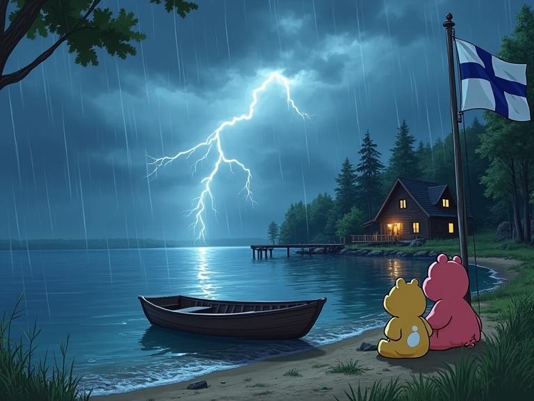 Finnish summer cottage near a lake during a storm. Rowboat partially sunken on the shore. Rain falls with flashes of lightning. Finnish flag on a pole next to the cottage. Pier adjacent to the rowboat. Two cartoon characters sit on the pier. Style reminiscent of 80s Care Bears.