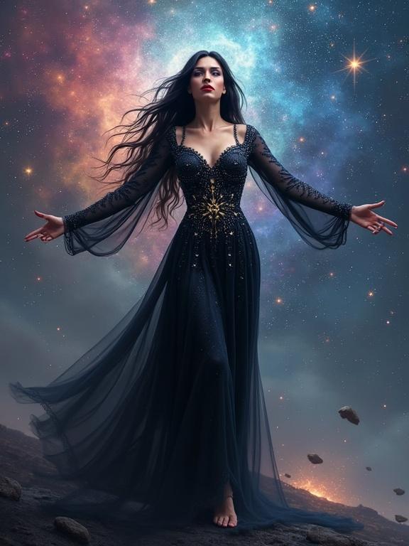 Digital artwork of a mystical figure. Central subject is a mature woman with long black hair, smooth skin and no wrinkles. Sophisticated makeup with light grey eyes and red lipstick. Tall curvy figure wearing a dark metallic dress with glowing patterns. She stretches her arms towards the stars. Cosmic background with vibrant colors and glowing nebulae. Dark ground resembles cosmic debris. Realistic focus on light and color.