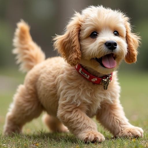 Image shows an adorable three-legged fluffy dog running on green grass with a happy expression. Dog has a collar and is in a playful pose under natural light.