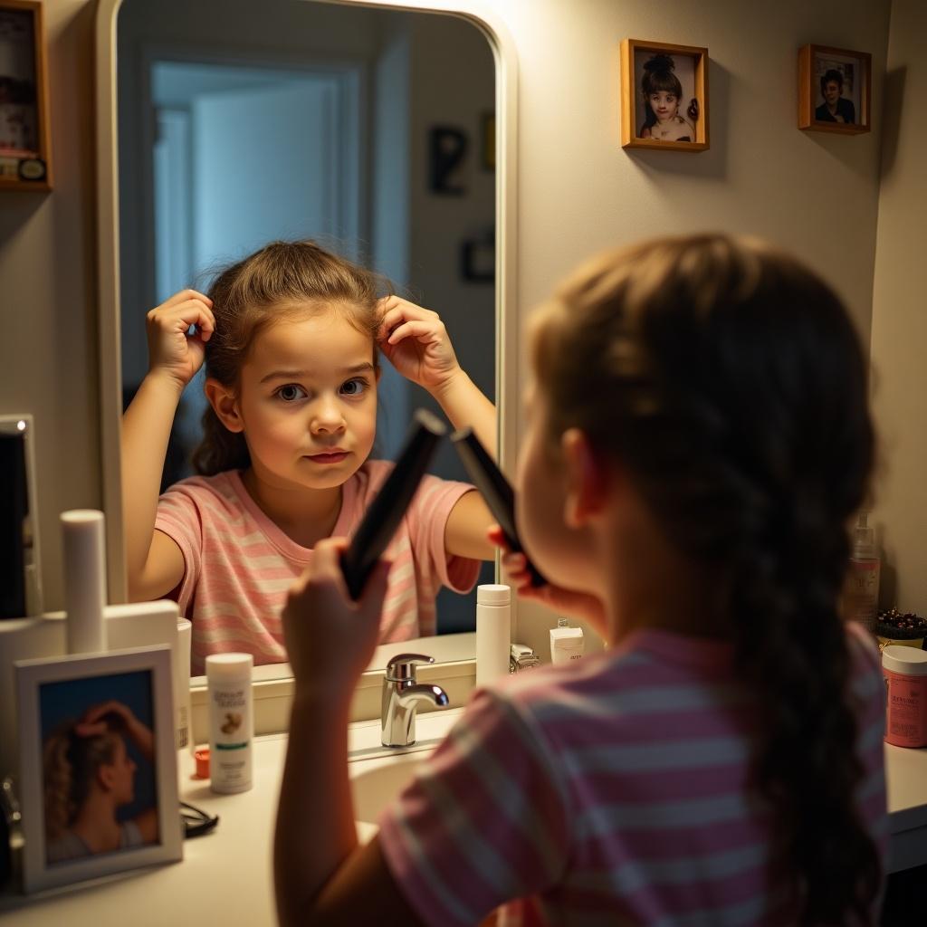 Girl grooming hair at home with hair straightener. The scene includes a bathroom mirror reflecting her actions and beauty products on the counter.