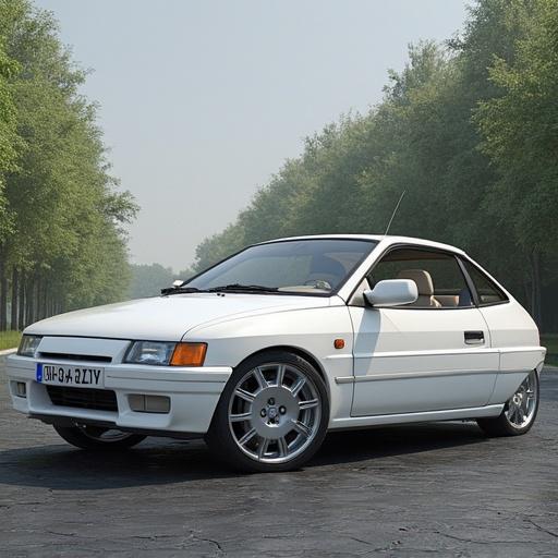 Pontiac version of 1991 Opel Calibra in white highly detailed realistic setting with trees