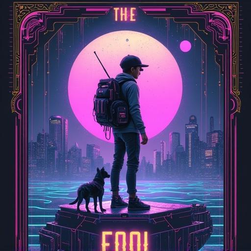 Cyberpunk tarot card design featuring The Fool. Vertical layout with glowing neon accents and holographic overlays. Technological mystical feel with high detail and dramatic lighting. Young wanderer with a digital backpack on a floating platform above a neon abyss. Small cybernetic dog beside them. City skyline in background.