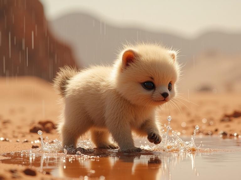 Tiny fluffy chrome animals walking in a desert planet. One animal is wet and shaking off water. Dramatic and detailed scenery with a playful ambiance.