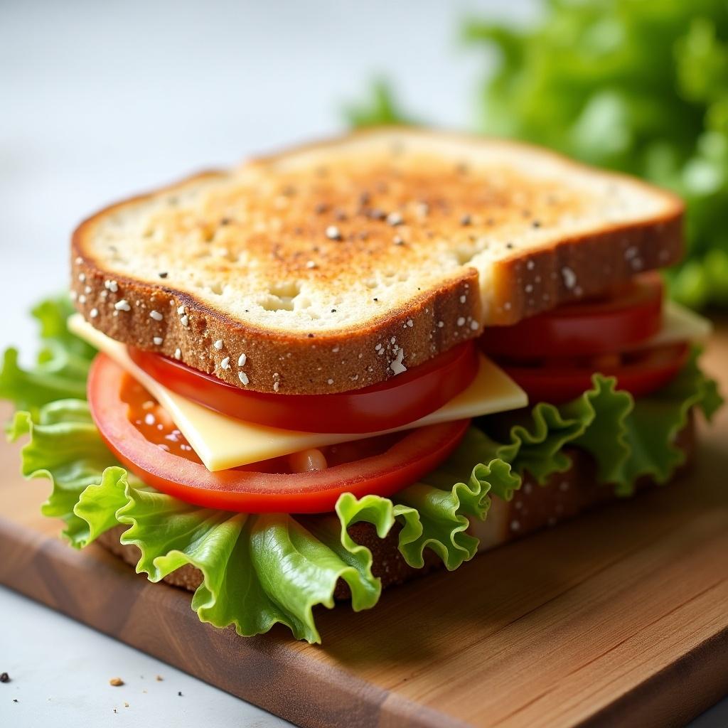 This image features a delicious halloumi and cheese toast sandwich, showcasing fresh, vibrant ingredients. The sandwich is layered with crisp iceberg lettuce, ripe tomato slices, and melted cheese, all nestled between two pieces of toasted brown bread. The texture of the toast is perfectly golden, providing an inviting look. It's a healthy and satisfying meal option that can be enjoyed for lunch or dinner. This tasty sandwich exemplifies the great flavor combinations of cheese and vegetables.