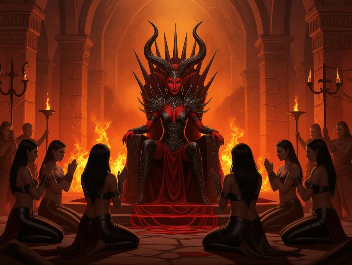 Demon Queen's throne room filled with heat and evil. Kneeling women in leather perform a ritual. The Demon Queen has red skin, black attire, golden eyes, and dark horns.