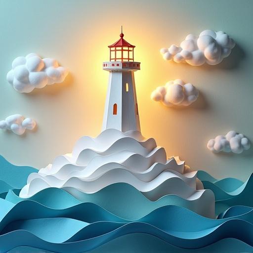 A lighthouse crafted entirely from folded paper with origami style on a cloud island. Paper waves surround it with warm golden light flickering from the windows. The visual tone is surreal and dreamy in watercolor style.