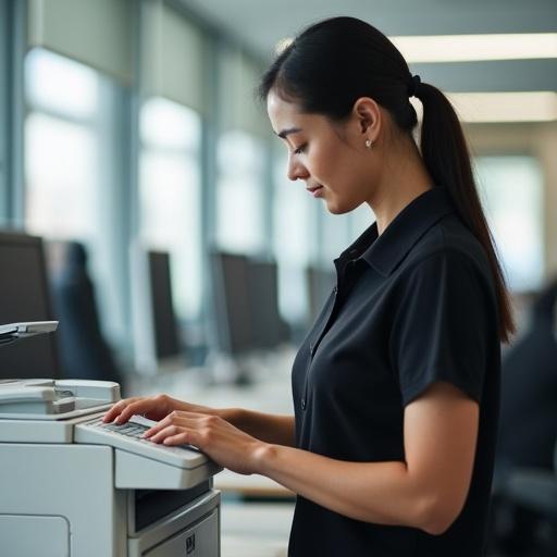 An Asian woman wearing a black polo shirt is operating a copy machine in an office environment with computers in the background.