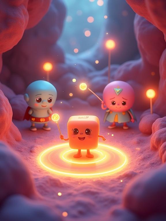 Vertical 3D cartoon poster in a glowing fantasy world inside a child's body. Environment is soft and playful. Cartoon vitamin characters shaped like geometric forms. Characters include Calcium, Vitamin D, Iron, Vitamin A. Each holds a glowing wand. Weak cartoon cell-creatures with dull expressions. Some cells glow and transform into bright characters. Lighting is warm with sparkles. Cute glowing cartoon creature on a circular platform.