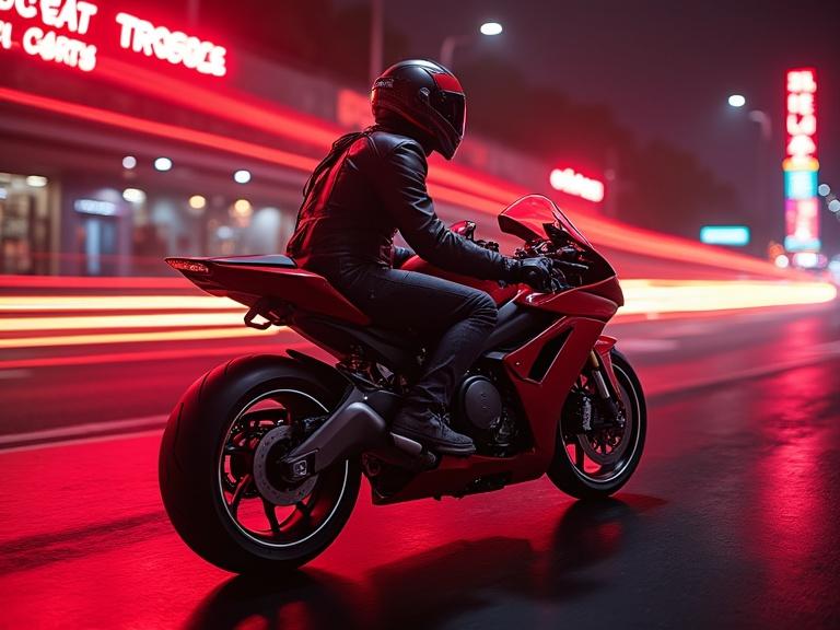 Futuristic motorbike on a vibrant Tron-like street with neon lights. Rider in black gear on a red bike. Motion blur from passing lights.
