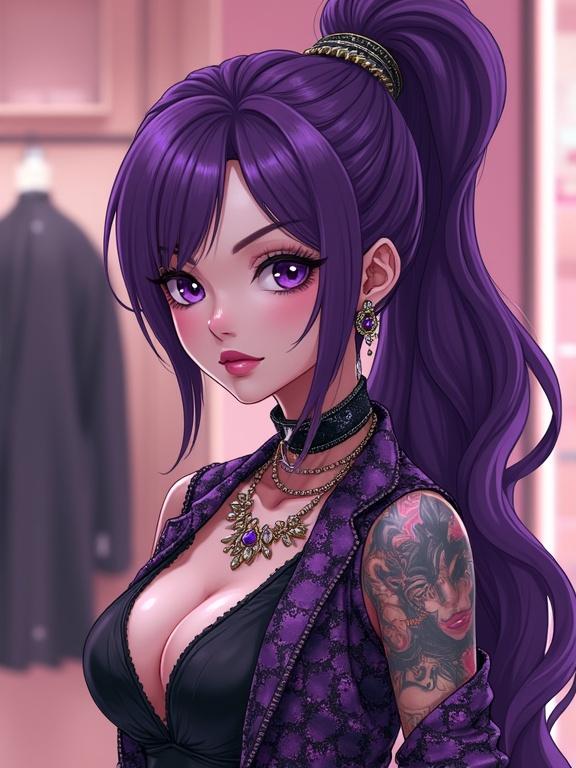 Anime style character portrait in a Gucci boutique. Young woman with amethyst purple eyes. Stylish streetwear with edgy design. Elegant oversized ponytail. Amethyst jewelry and tattoos. Busy shopping environment with colorful details.