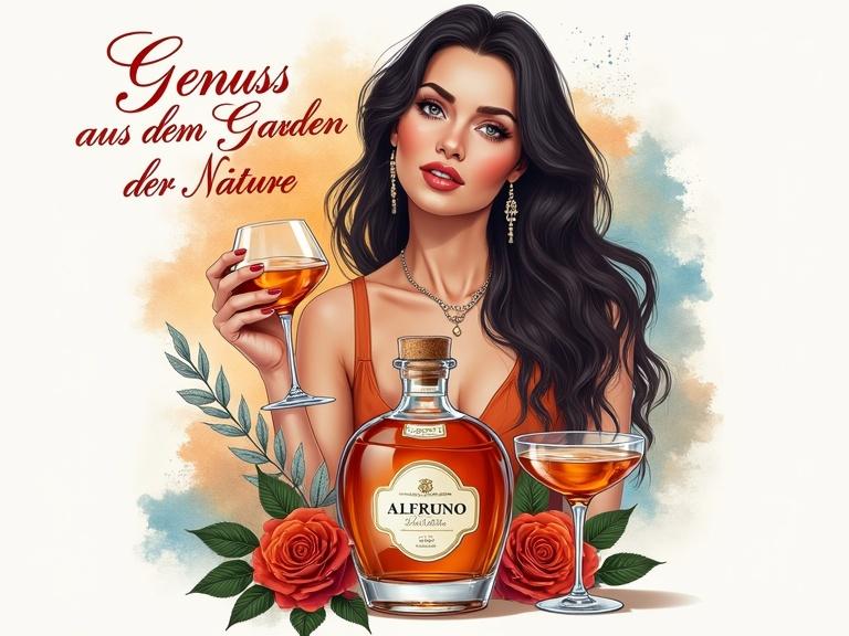 Stylized illustration of a woman with long dark hair. She holds an amber liqueur cocktail glass. The background features watercolor splashes in orange and blue. Below, an apothecary-style bottle named 'Alfruno' is visible. Two additional cocktail glasses and roses are present. Curved text says 'Genuss aus dem Garten der Natur.'