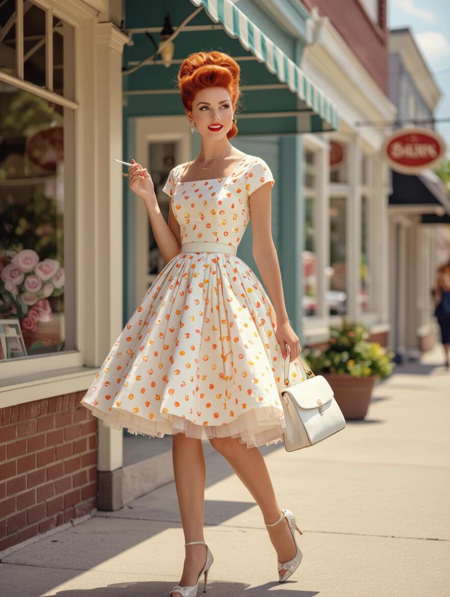 1960s woman with red beehive hairstyle wearing sundress with petticoat holding cigarette walking on sidewalk with white purse