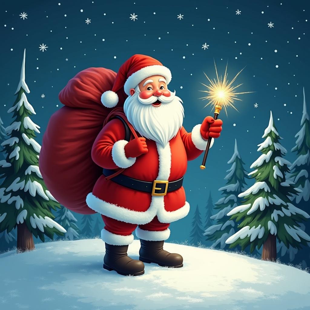 The image features a cheerful Santa Claus standing in a snowy landscape. He has a large red sack slung over his shoulder and is holding a sparkly wand. Santa is dressed in his traditional red and white outfit, complete with a belt and boots. Behind him, the night sky is illuminated with twinkling stars. Pine trees dot the snowy ground, encapsulating a festive winter atmosphere.