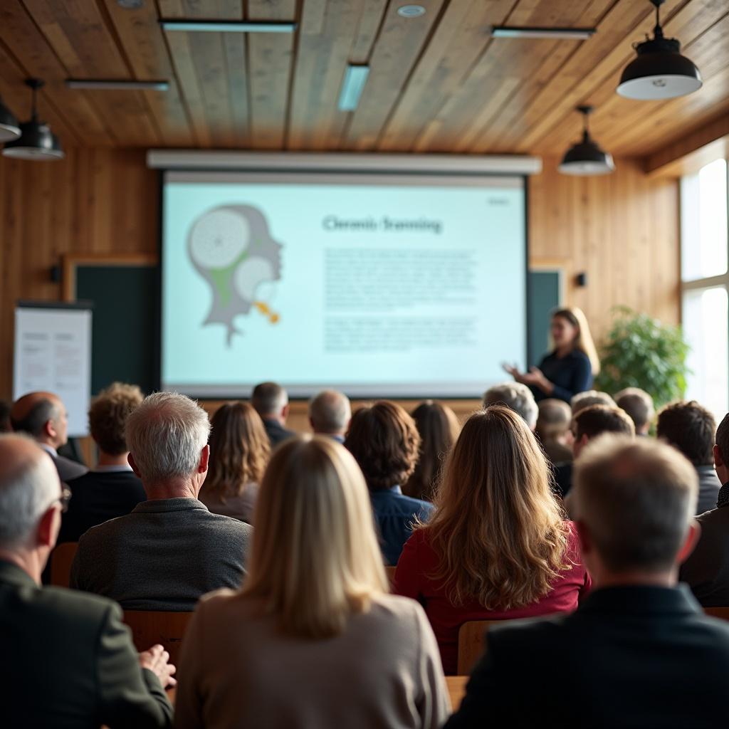 The image captures a training session in a bright wooden hall. The lecturer, positioned on a podium, is animatedly delivering a presentation focused on chronic diseases. The audience consists of around 70 individuals, aged between 40 and 79, attentively listening and taking notes. A large screen displays informative content related to chronic disease management. The warm atmosphere of the hall, enhanced by natural light, creates an inviting learning environment.