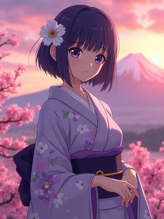 Anime style full-body character portrait of a woman with dark violet bob cut hair and bangs. She faces the viewer wearing a wisteria-colored kimono with floral patterns. A white flower decorates her left ear. Dark purple obi sash. Background shows Mount Fuji and cherry blossoms at sunset.