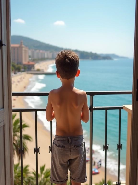 Shirtless 10-year-old Spanish boy stands on balcony looking at beach scene in Barcelona. View captures ocean, sandy beach, and distant mountains.