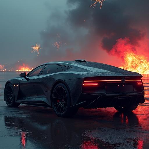 A luxury assassin sedan named Nightfall Spectre parked in a reflective setting. The scene features a dramatic background of explosions. The car has a sleek, modern design with hybrid-electric features. The setting conveys an intense and vibrant atmosphere.