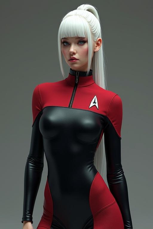 A hyperrealistic character wearing a red and black Star Trek inspired bodysuit. She has long white hair, pale skin, and blue eyes. The scene is set outdoors with a starship in the background. The character has a shy and sensual expression, with a cinematic lighting effect enhancing her features.
