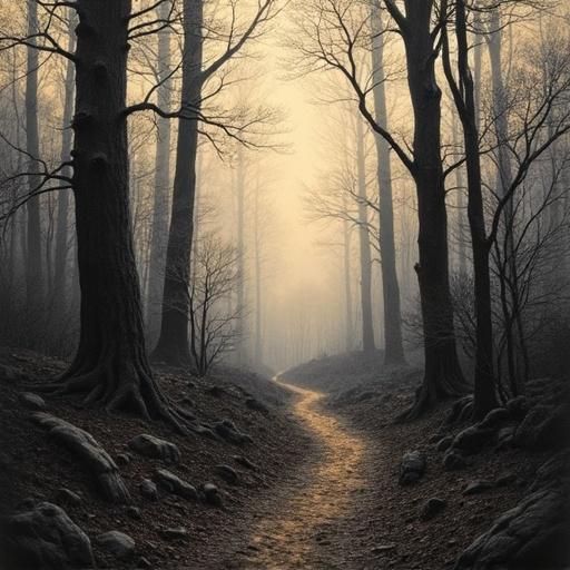 A dark forest scene illustrated with charcoal. The artwork features a winding path. The color scheme includes shades of black and beige. The drawing has a hand-made appearance.