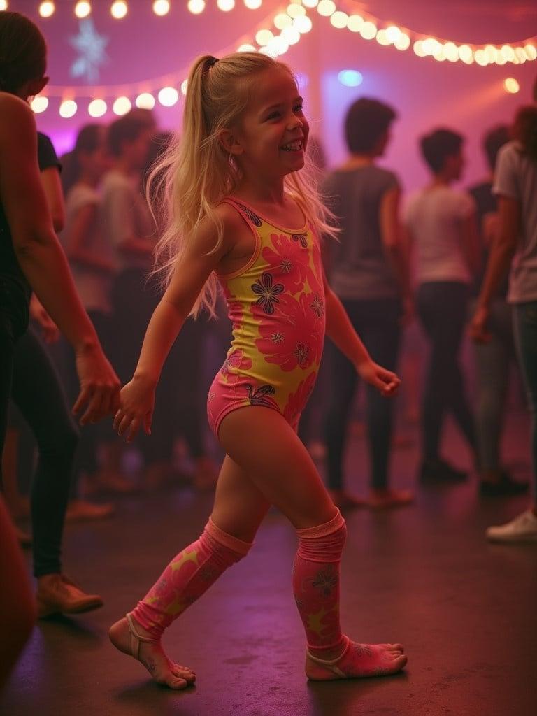 A 7 year old blonde girl dances at a lively party wearing a tight multicolored leotard. She has a joyful expression and showcases her feet while moving confidently. The atmosphere is energetic with party lights in the background.