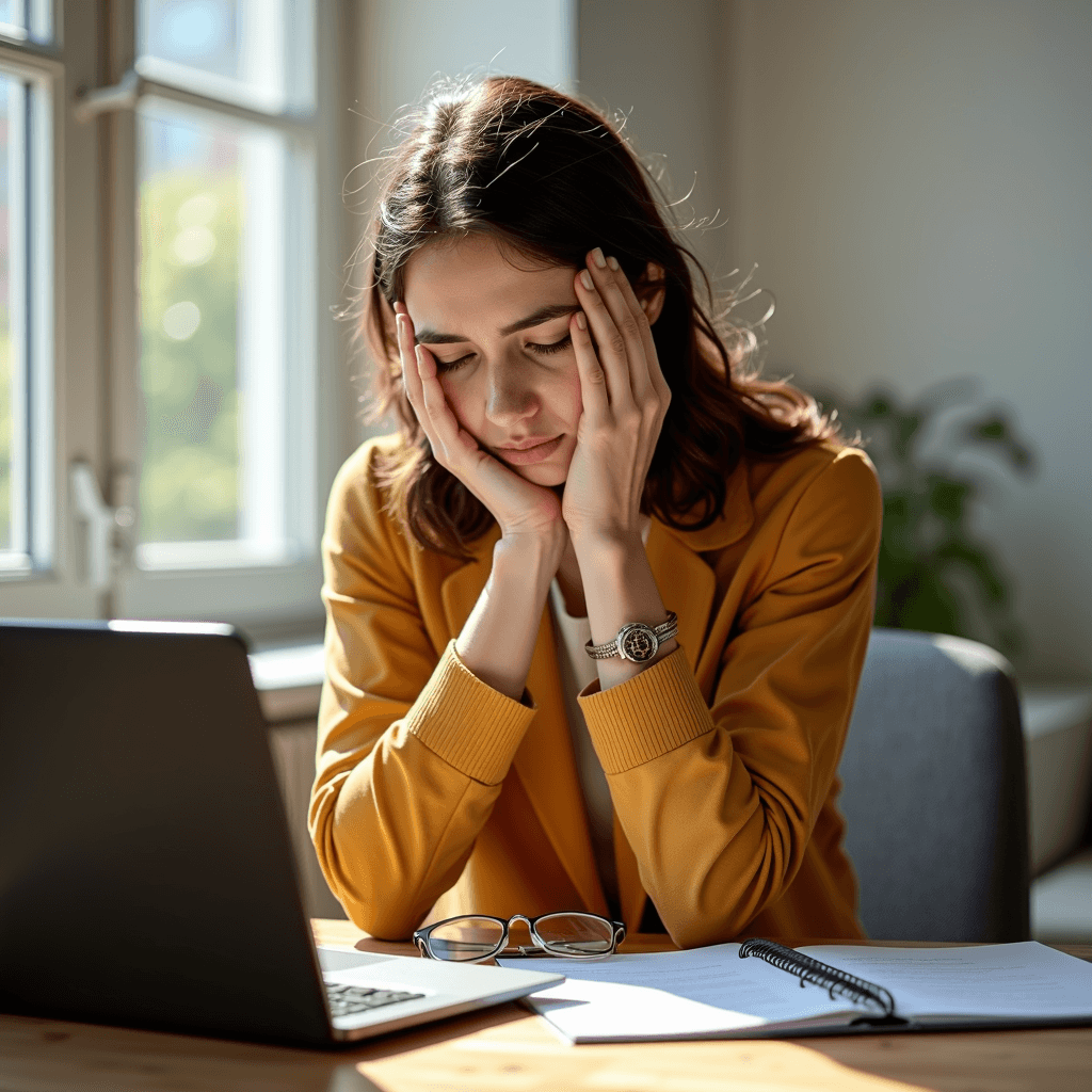 A woman at a desk, looking stressed, surrounded by a laptop and papers.