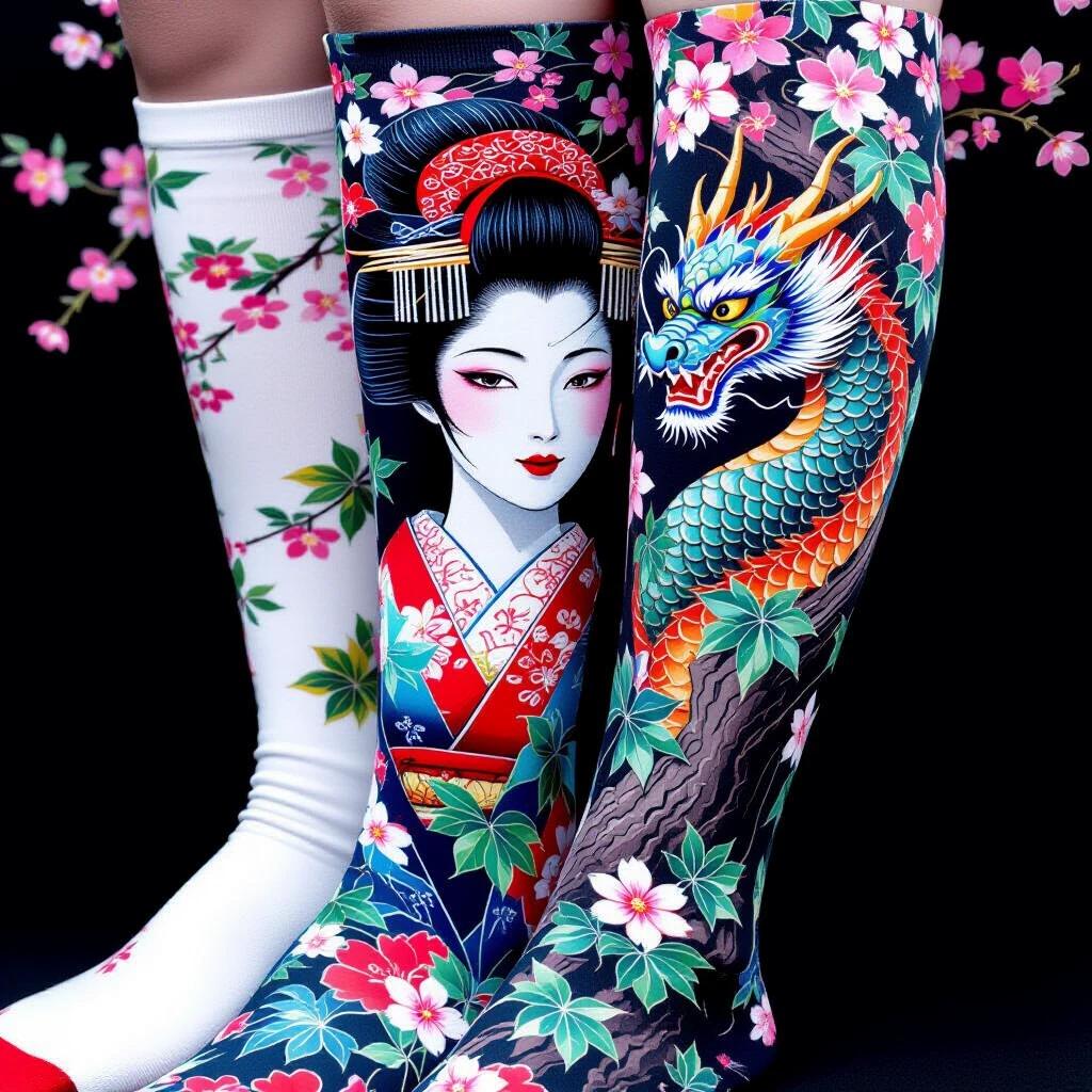 Close-up of thigh-high socks. Features beautiful designs of a geisha and a dragon. Decorated with cherry blossoms and ivy. Vivid dark colors used. Professional high-definition photograph against a black background.