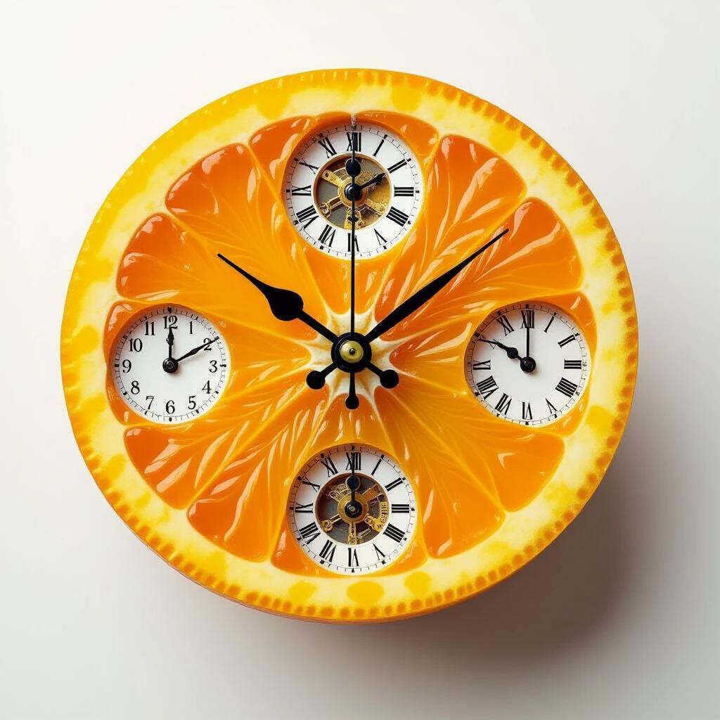 A creative concept of an orange decorated with multiple vintage clock dials resembling fruit slices. Each slice features a different clock face showing varied times, blending artistry with temporal themes.