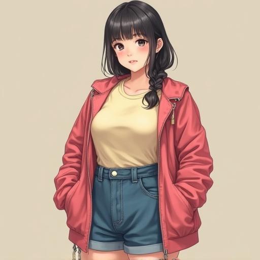 A junior high school girl wearing a red jacket and blue shorts stands confidently. She has long black hair in a braid and a friendly expression. Background is soft and neutral.