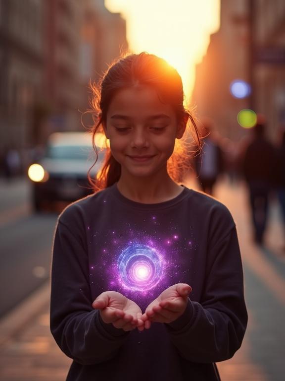A young person on a city street during golden hour. Hands cupped together. Small luminous galaxy in hands. Vibrant colors glowing. Warm sunset light illuminating scene. Blurred city background. Photorealistic and hyperrealistic image.