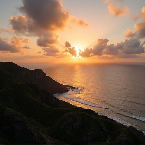 Drone shot showcasing the beautiful sunset over the coastline of Batanes. Vibrant colors painting the sky and reflecting on the water. Lush green hills leading down to the beach.