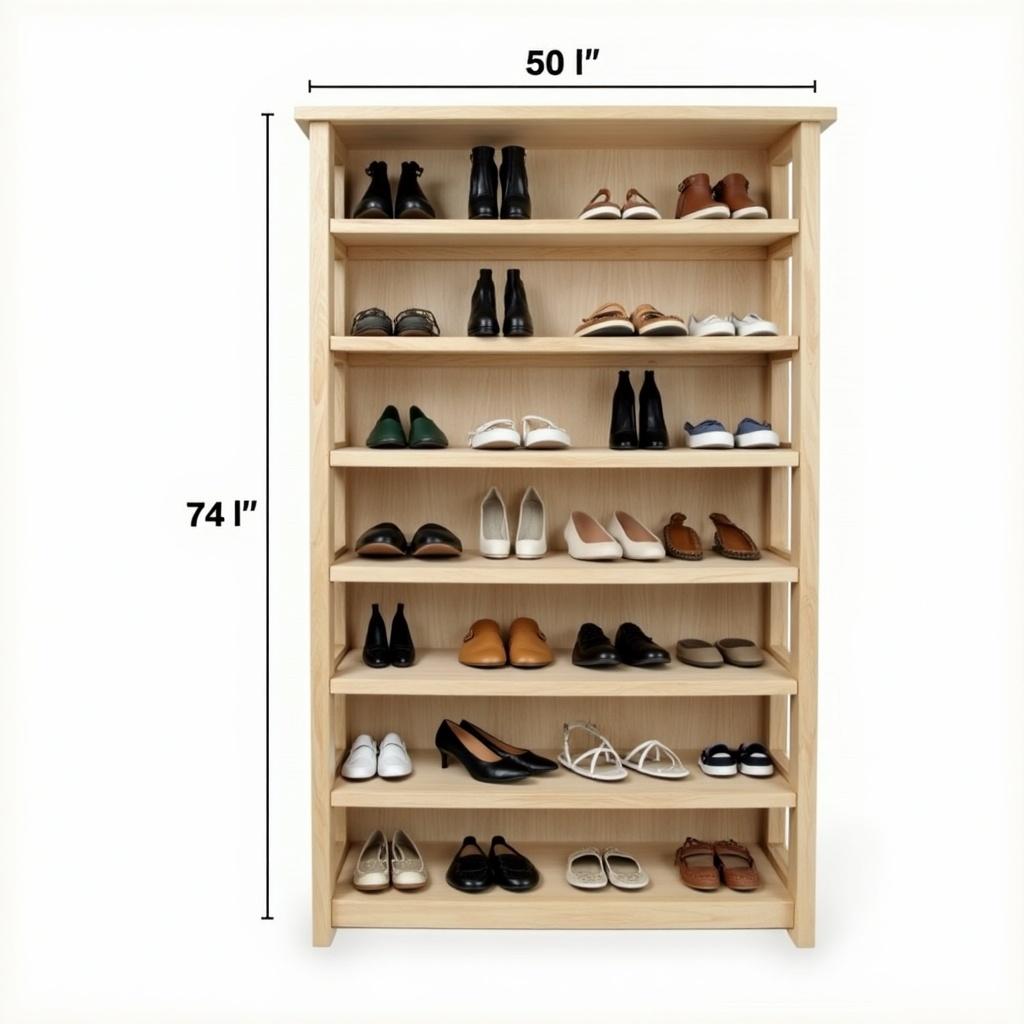 Shoe shelf with multiple wooden shelves holding various types of shoes. Each shelf is neatly arranged. Designed in minimalistic style. Plain background highlights the shelf.