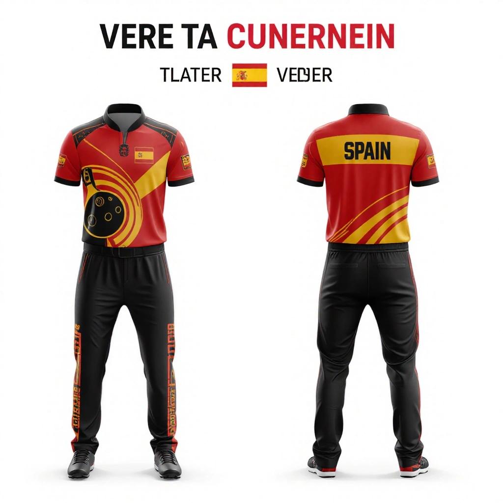 Epic Custom bowling uniform design for team Spain. Uniform features red, gold and black colors. Displayed in front and back view. Visually striking.