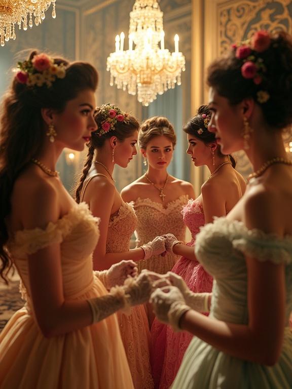 Six Victorian women stand together in a grand ballroom. They wear exquisite gowns made from silk and satin. Their hairstyles flow gracefully, decorated with vibrant flowers. Lace gloves cover their hands. Expressions reflect joy and intrigue. Light from crystal chandeliers casts warm hues throughout the elegant room. The scene exudes refinement and charm.