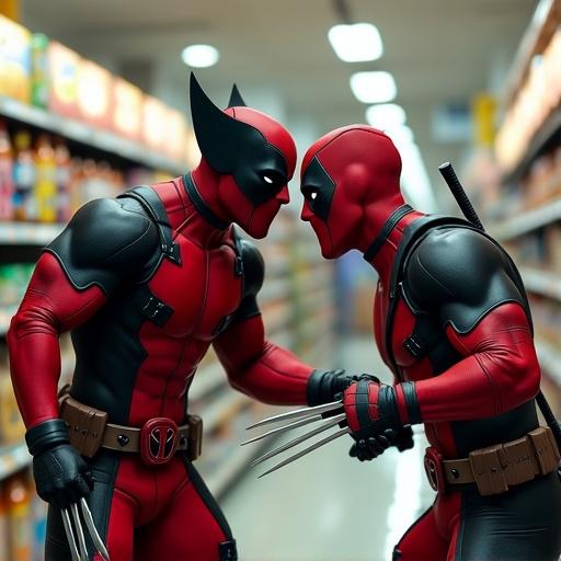 Wolverine and Deadpool fighting inside a supermarket shopping aisle. Both characters wear their iconic costumes. The setting shows grocery shelves filled with products. Action captured with dynamic poses.