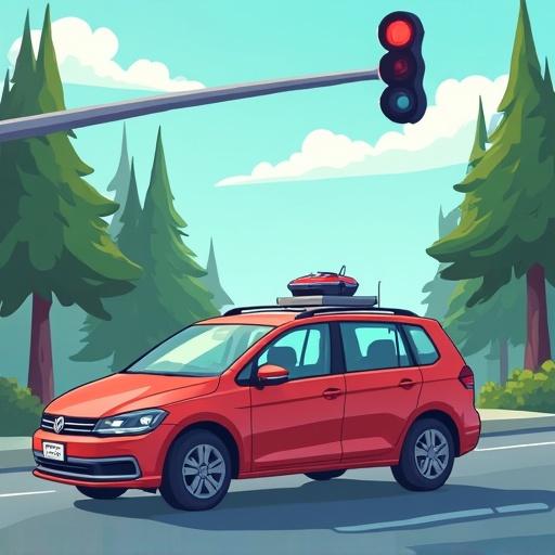 Cartoon image depicting a car equipped with sensors for autonomous driving.