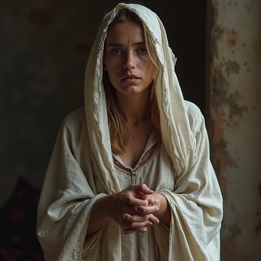 Female subject dressed in tattered clothing portrays vulnerability and hardship. Features a somber expression with hands clasped together. Soft lighting enhances emotional depth.