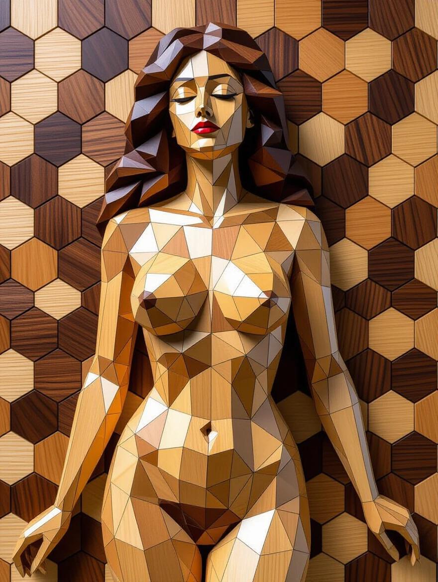 A three-dimensional sculpture of a nude woman made from hexagonal wooden tiles. The wood is a mixture of oak, walnut, maple, and cherry. The surface of the tiles is polished to reflect light. The artwork is created in a contemporary style, showcasing the beauty of wood craftsmanship.