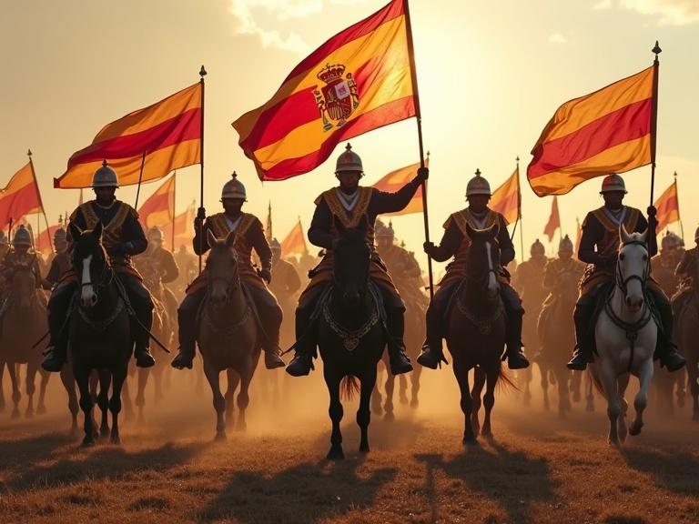Spanish army cavalry charging forward in battle. Flags with red-yellow-red horizontal stripes and a crown visible. Set in the 16th century.