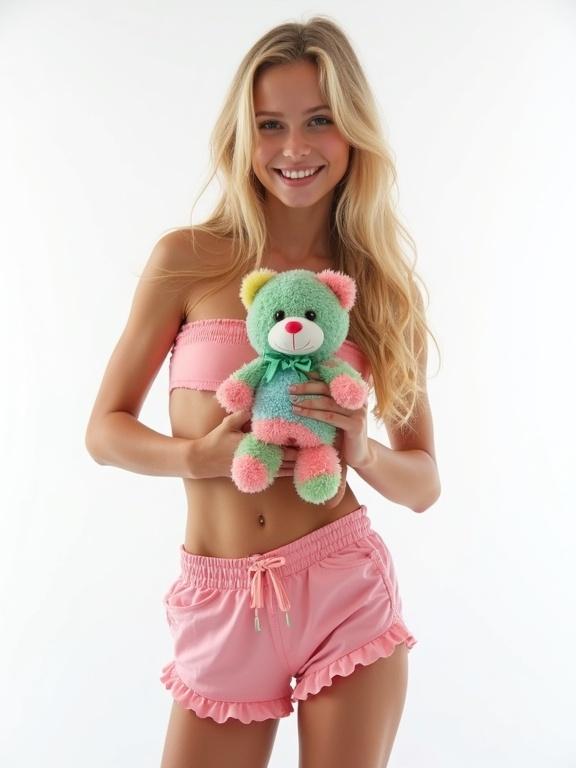 Beautiful teen girl dressed in short cheeky booty shorts and a crop top. Blonde hair and slim waist. Holding a colorful young teddy bear against a white background.